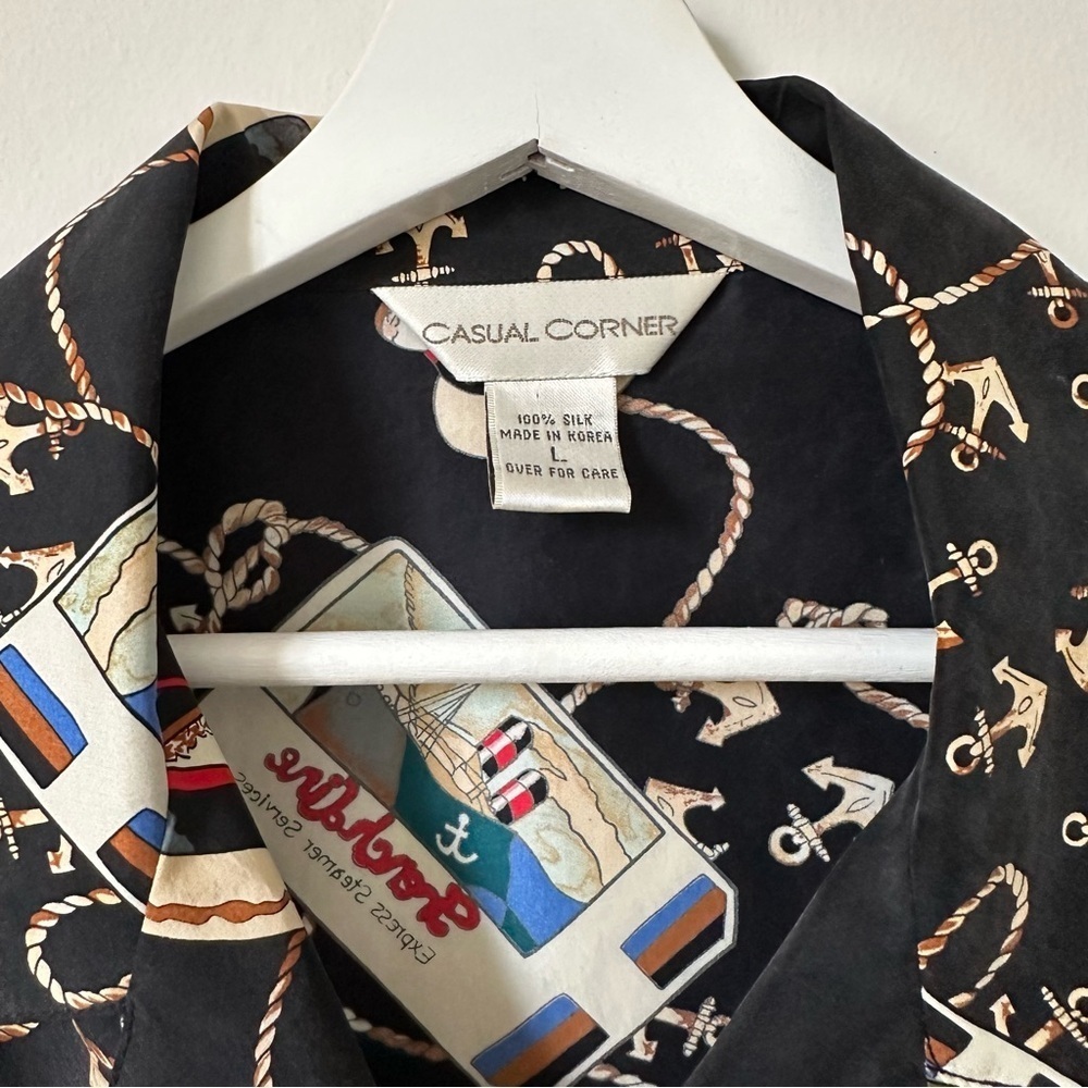 Vintage 100% Silk Nautical Print Button Down Shirt Black Casual Corner L - Picture 6 of 6